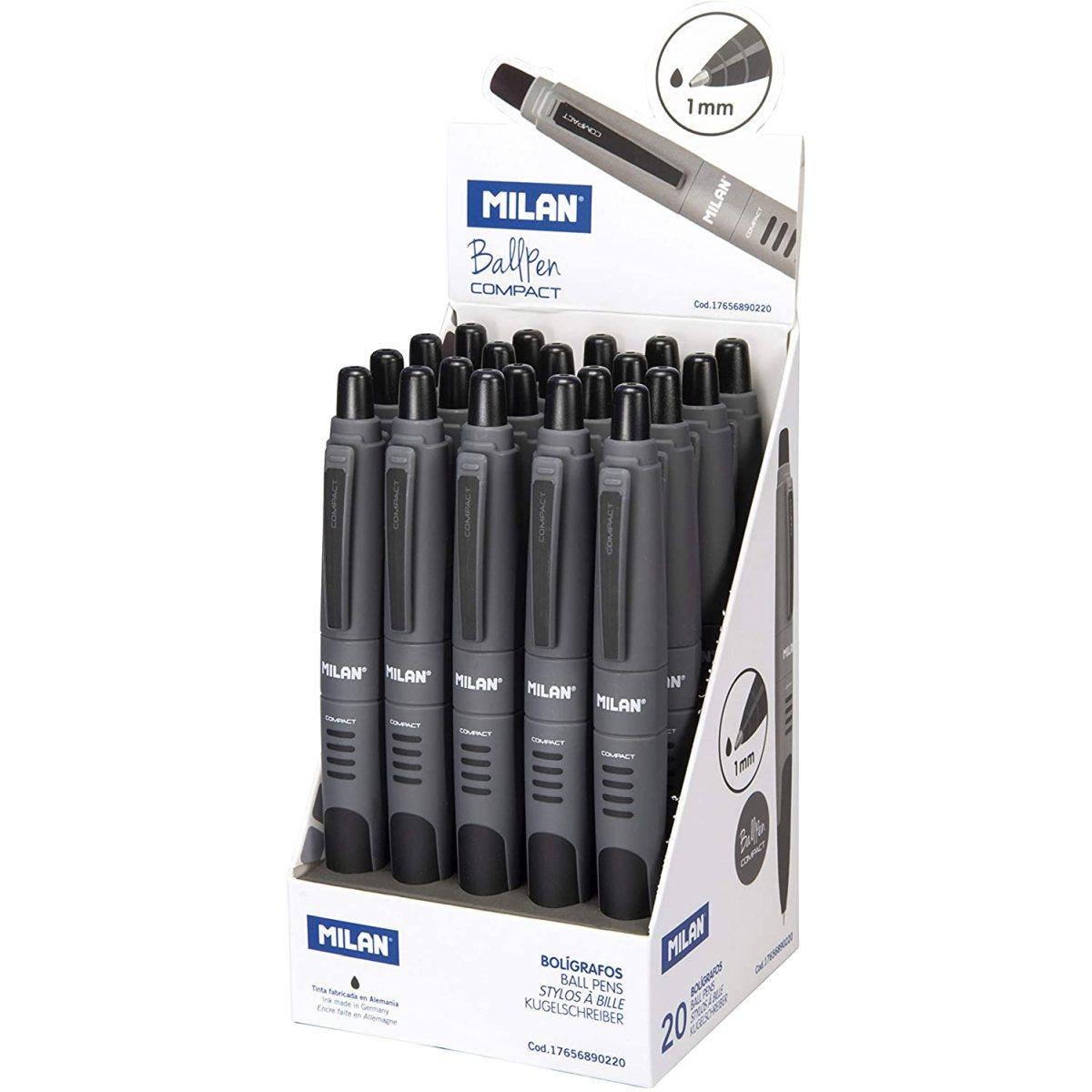 20 Penne a Sfera Retrattili MILAN - Punta Rotonda 1mm - Corpo Grigio/Nero - Colore Nero