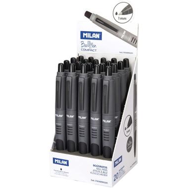 20 Penne a Sfera Retrattili MILAN - Punta Rotonda 1mm - Corpo Grigio/Nero - Colore Nero
