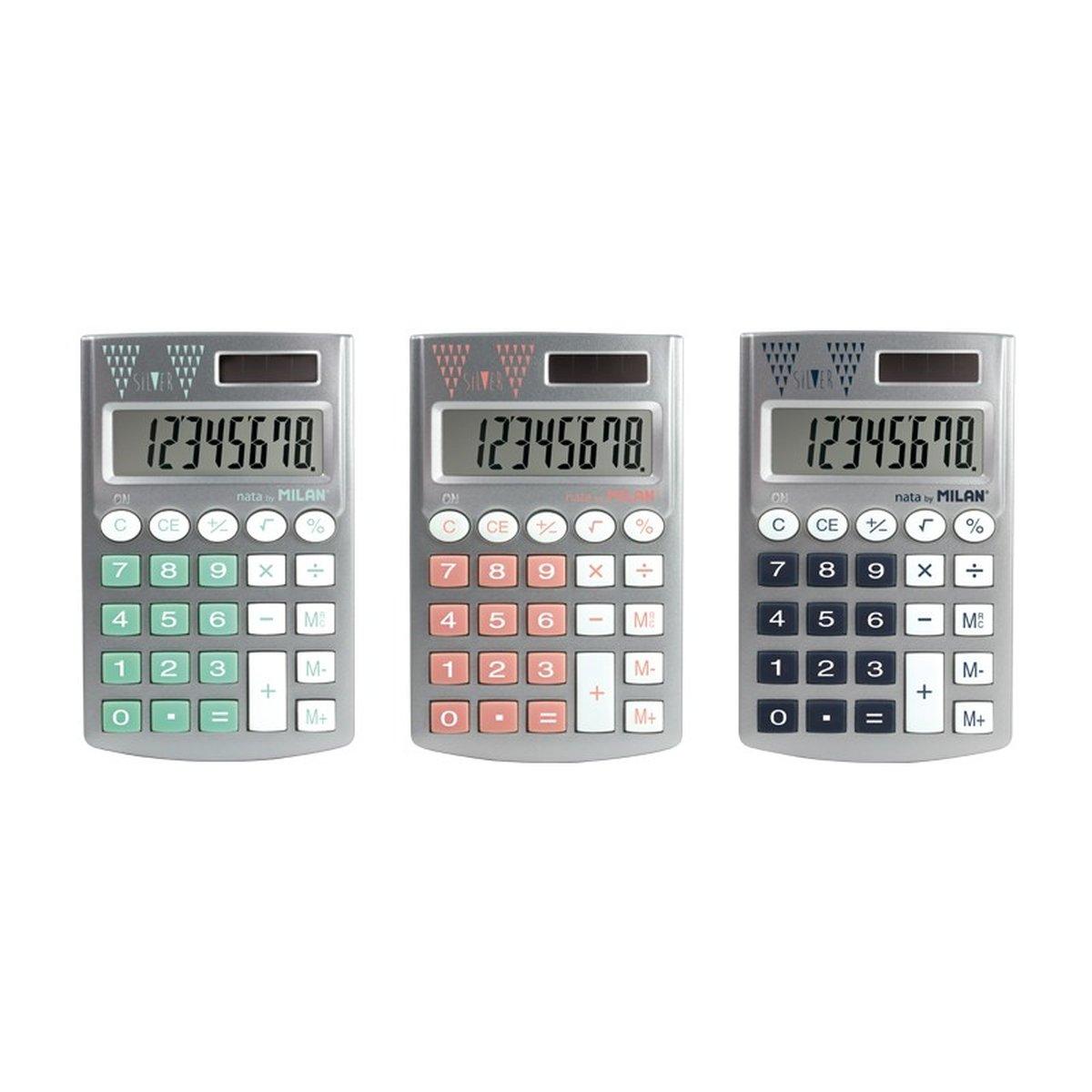 Milan Pocket Silver Display 6 Calcolatrici Tascabili 8 Cifre - Soft Touch - 3 Chiavi Memory e Radice Quadrata - Spegnimento Automatico - Colori Assortiti