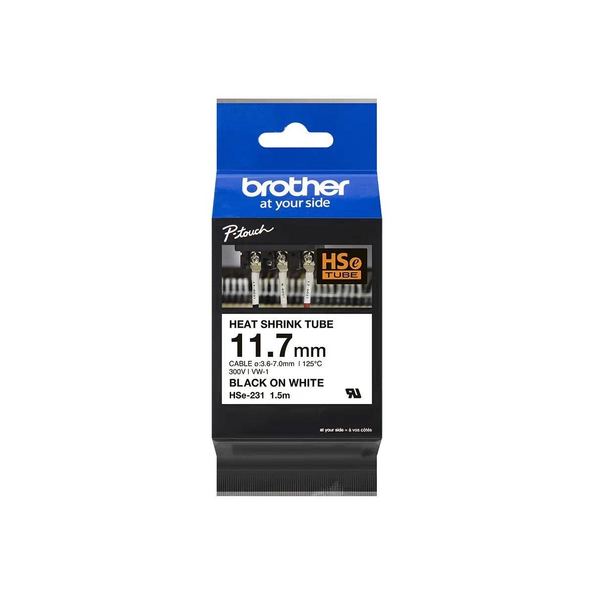 Nastro Originale per etichette termorestringente per Cavi (HSe231) Brother - Testo Nero su Bianco (11,7 mm x 1,5mt) - Cavo consigliato da 3,6 mm a 7,0 mm