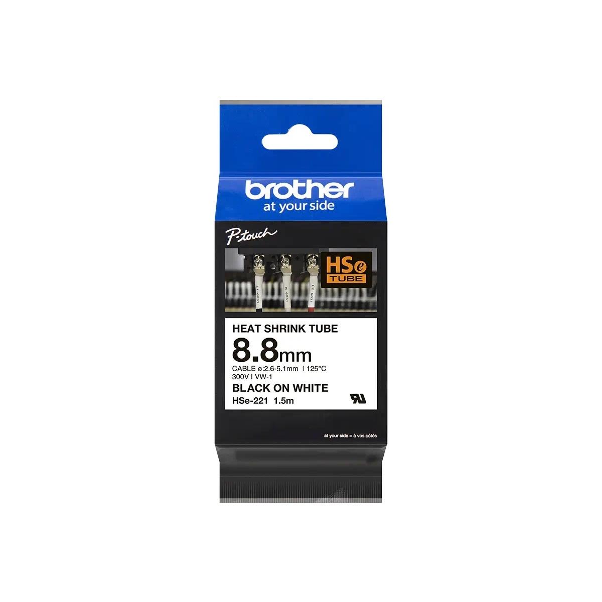 Nastro Originale per etichette termorestringente per Cavi (HSe221) Brother - Testo Nero su Bianco - (8,8mm x 1,5mt) - Cavo consigliato da 2,6 mm a 5,1 mm
