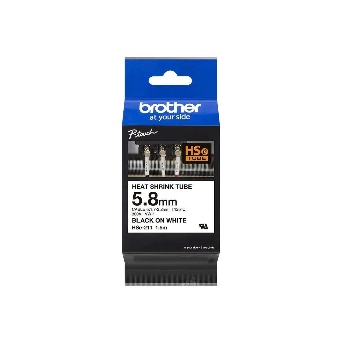 Nastro Originale per etichette termorestringente per Cavi (HSe211) Brother - Testo Nero su Bianco - (5,8mm x 1,5mt) - Cavo consigliato da 1,7 mm a 3,2 mm