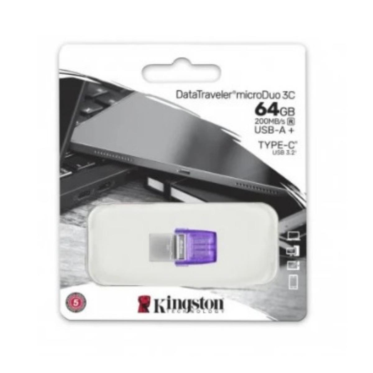 Pendrive Kingston DataTraveler microDuo 3C Memoria USB-A + USB-C 64GB 3.2 Gen 1 - Velocità di lettura 200 MB/s