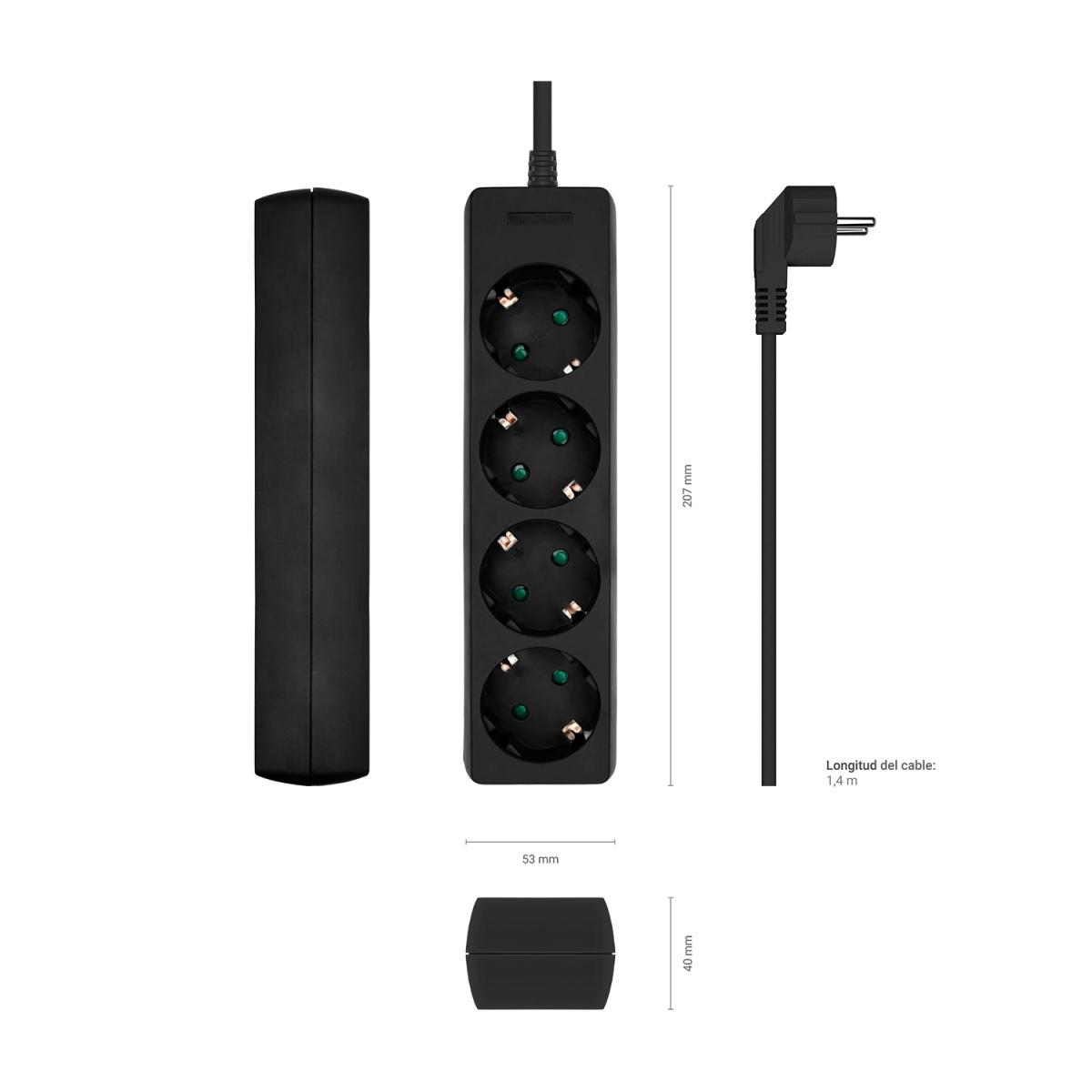 Aisens Multipresa da 4 Prese senza Interruttore con Cavo 3×1.5mm2 - 1.4m - Colore Nero