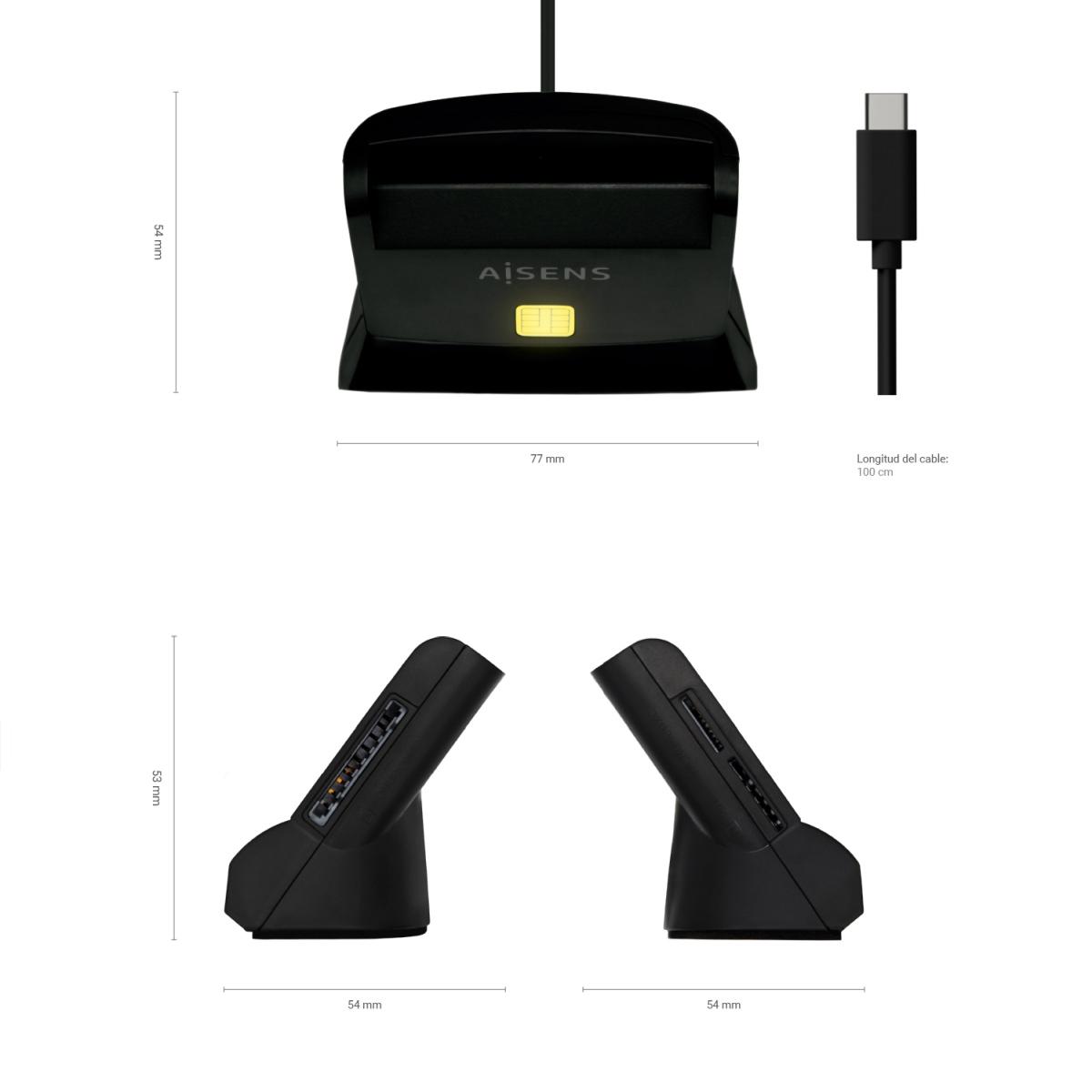 Lettore di smart card Aisens USB-C DNI con lettore di micro card SIM, SD, Micro SD, MMC, RS-MMC, MMC - Colore nero