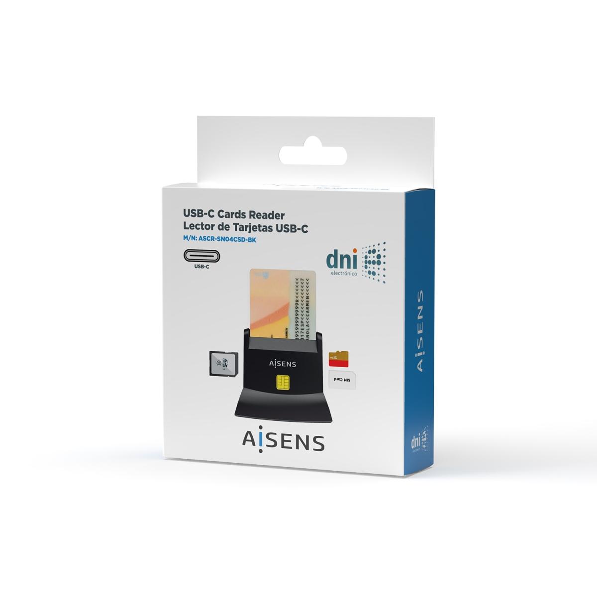 Lettore di smart card Aisens USB-C DNI con lettore di micro card SIM, SD, Micro SD, MMC, RS-MMC, MMC - Colore nero