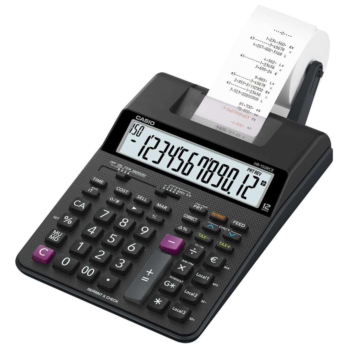 Calcolatrice 12 cifre Casio HR150RCE - Schermo a 12 cifre - carta 58 mm - Stampa ora e data - Alimentata a batteria