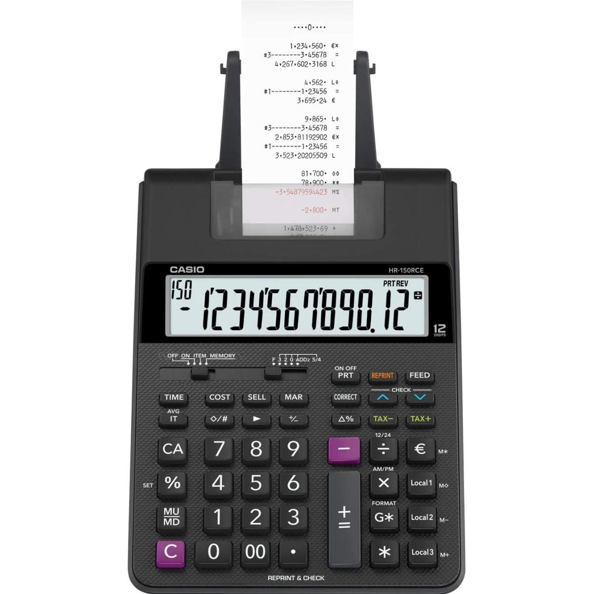 Calcolatrice 12 cifre Casio HR150RCE - Schermo a 12 cifre - carta 58 mm - Stampa ora e data - Alimentata a batteria