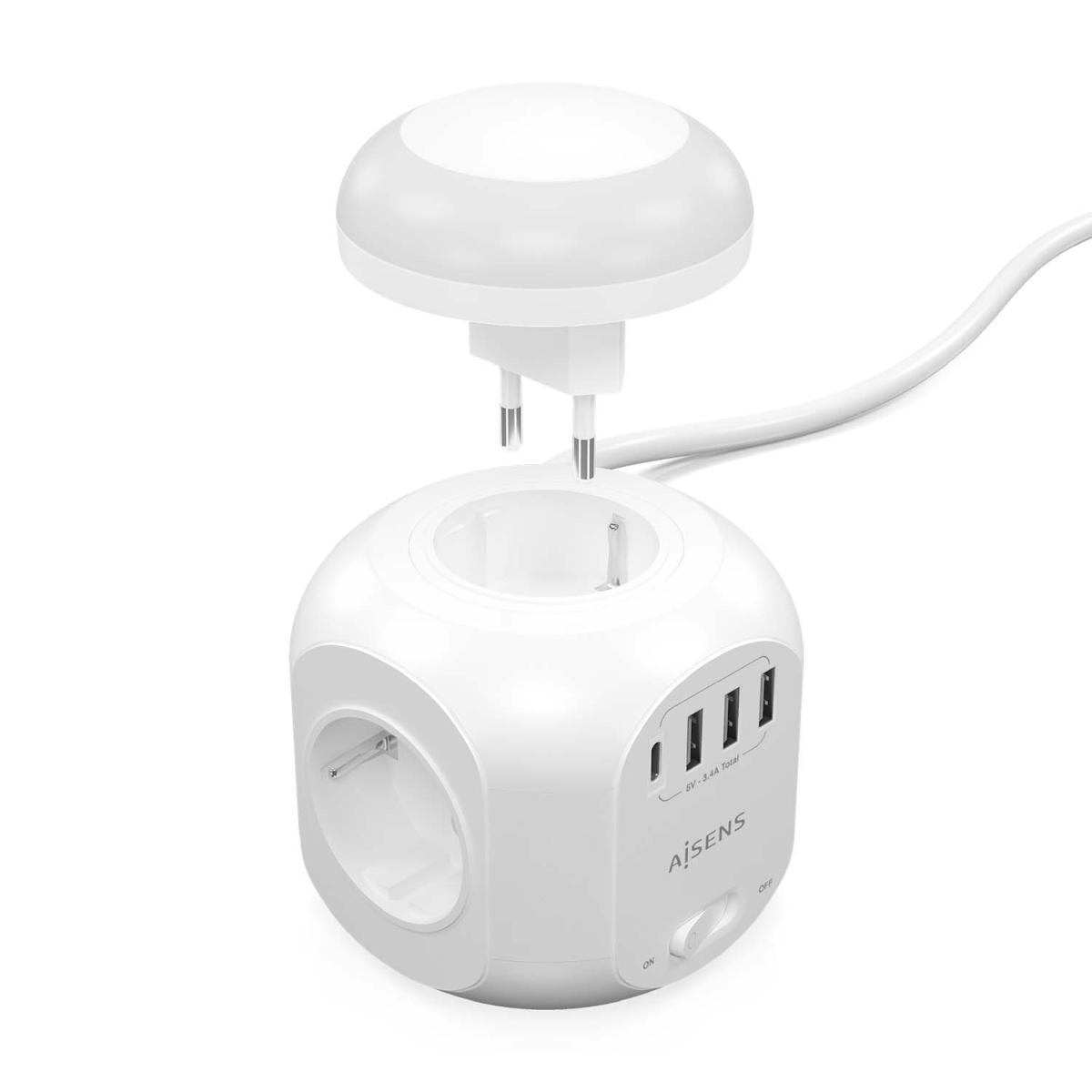 Multipresa da Tavolo Multifunzione Aisens con 4 Prese + 1xUSB-C - 3xUSB-A - Luce Notturna - 1,8 m - Colore Bianco
