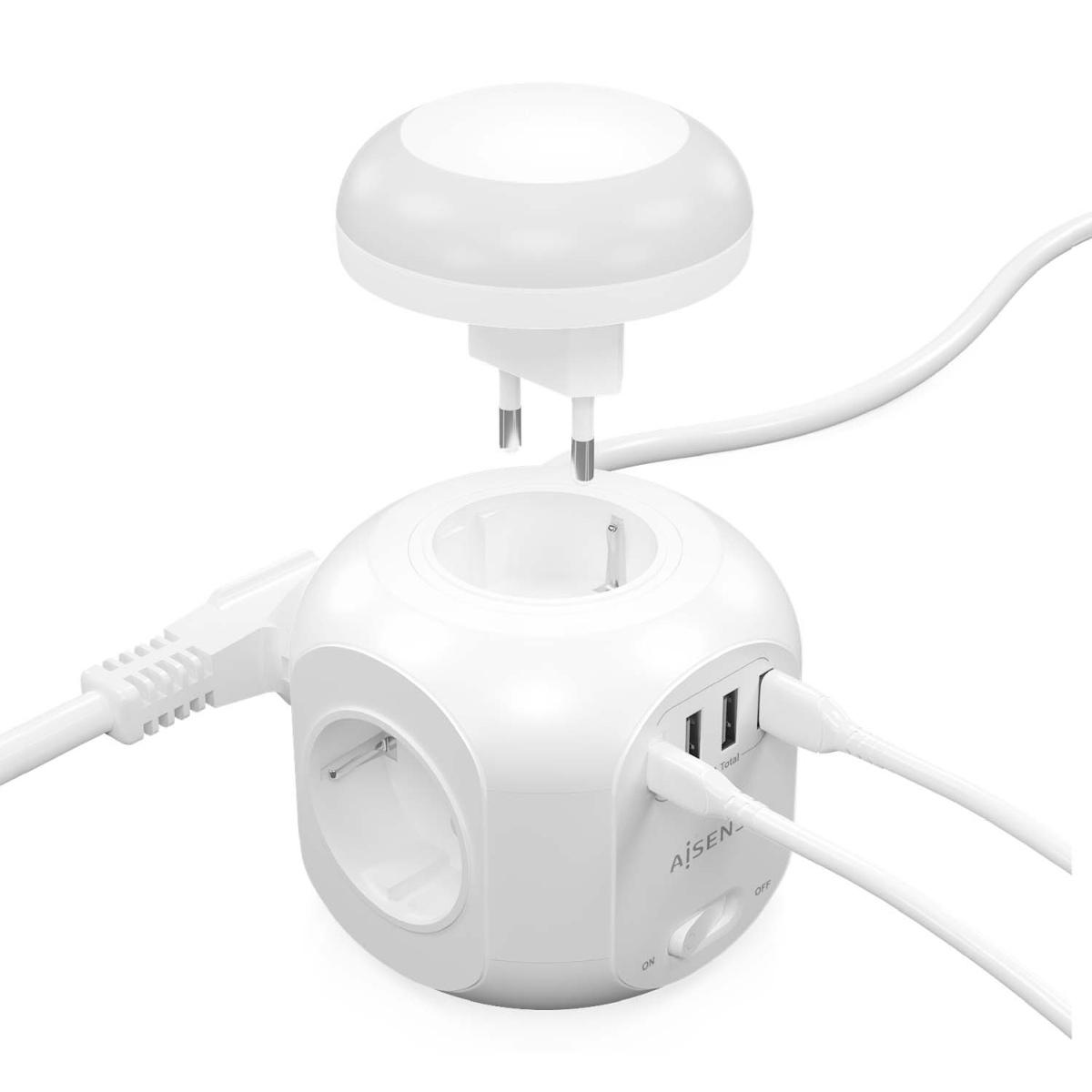 Multipresa da Tavolo Multifunzione Aisens con 4 Prese + 1xUSB-C - 3xUSB-A - Luce Notturna - 1,8 m - Colore Bianco