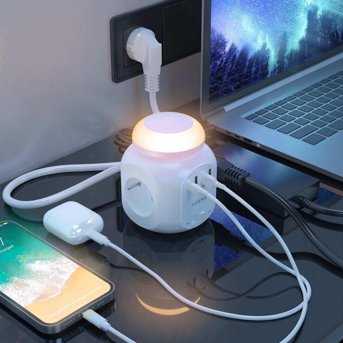 Multipresa da Tavolo Multifunzione Aisens con 4 Prese + 1xUSB-C - 3xUSB-A - Luce Notturna - 1,8 m - Colore Bianco