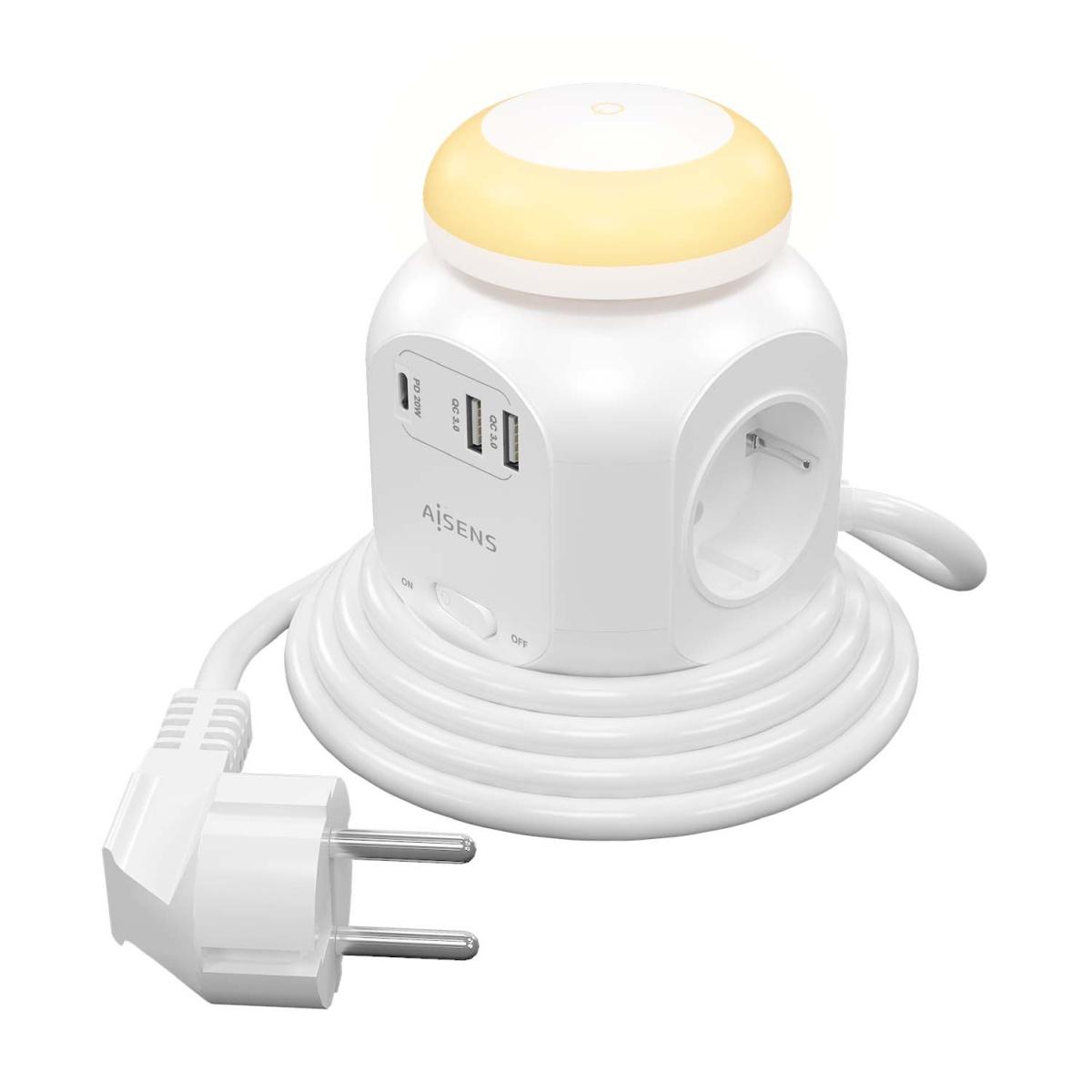 Multipresa da Tavolo Aisens con 4 Prese + 1xUSB-C 20W PD3.0 - 2xUSB-A 18W QC3.0 - Luce Notturna - 1,8m - Colore Bianco