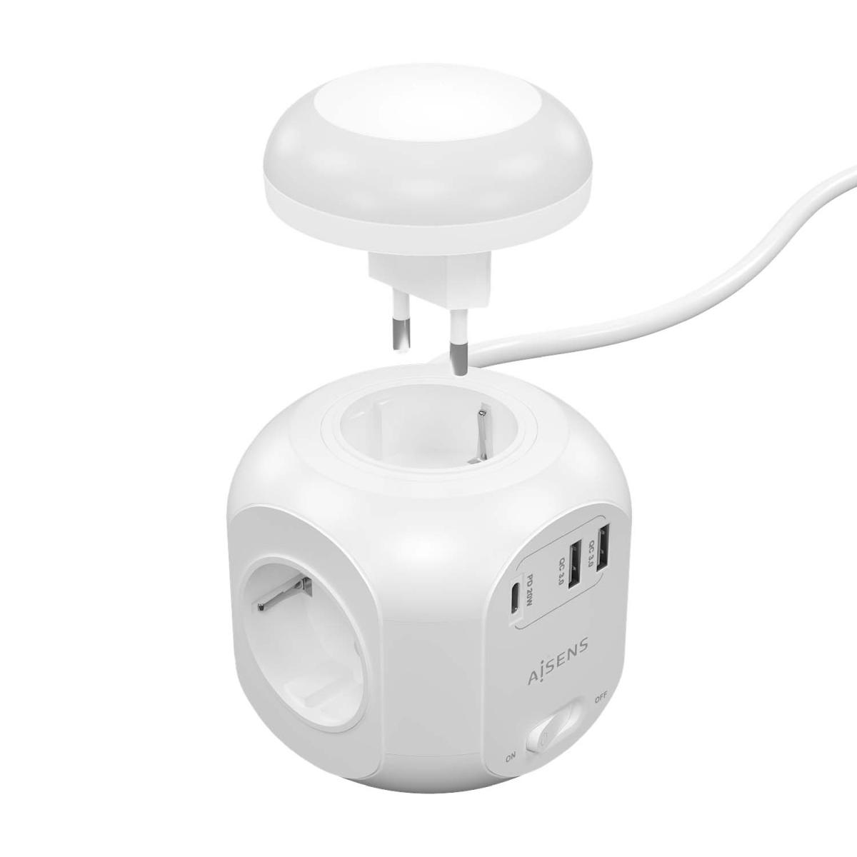Multipresa da Tavolo Aisens con 4 Prese + 1xUSB-C 20W PD3.0 - 2xUSB-A 18W QC3.0 - Luce Notturna - 1,8m - Colore Bianco
