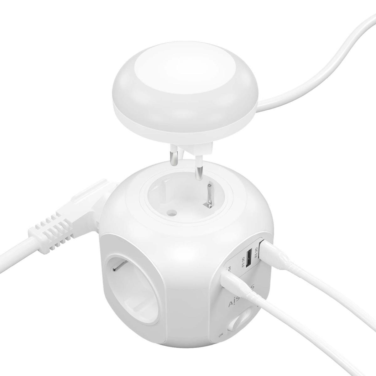 Multipresa da Tavolo Aisens con 4 Prese + 1xUSB-C 20W PD3.0 - 2xUSB-A 18W QC3.0 - Luce Notturna - 1,8m - Colore Bianco