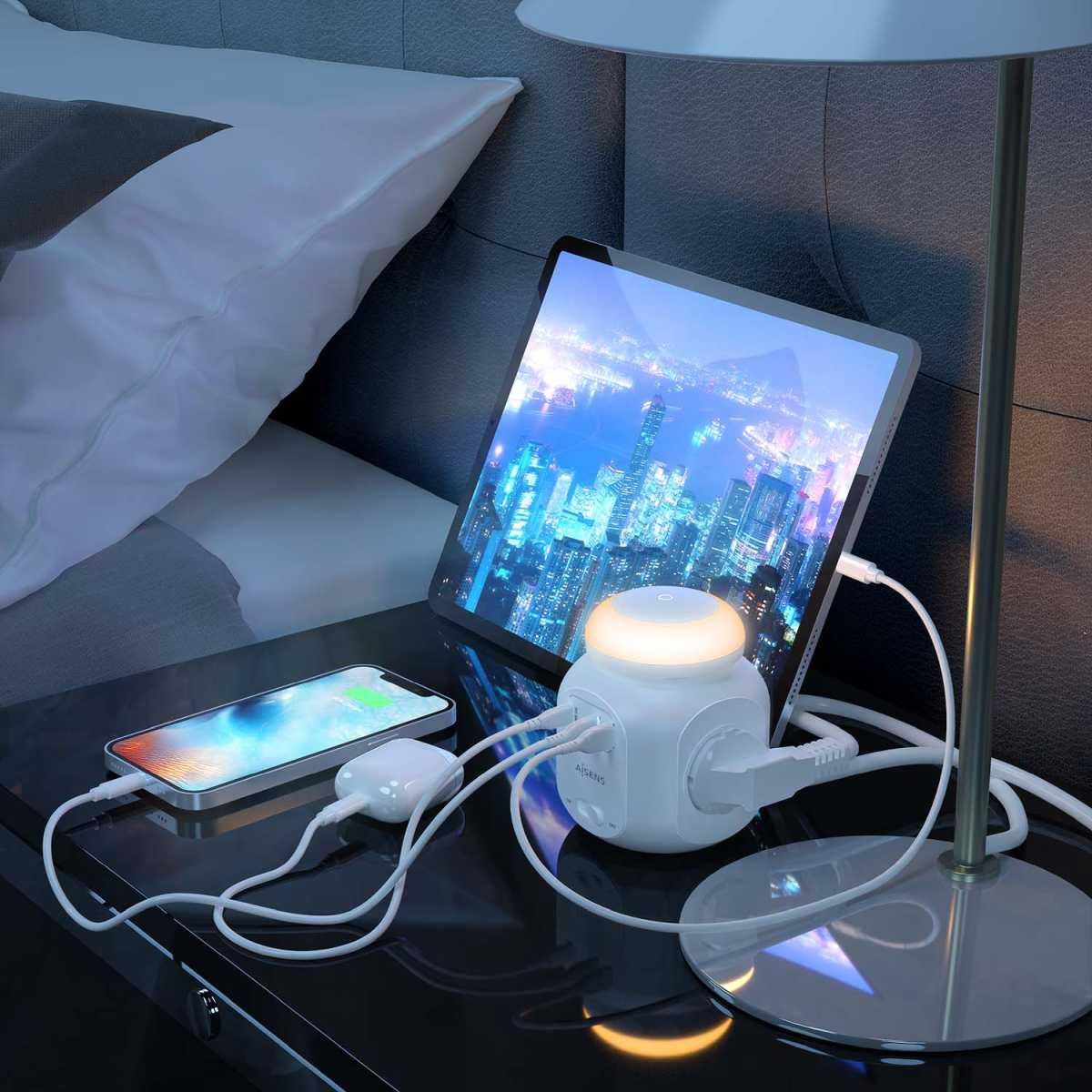Multipresa da Tavolo Aisens con 4 Prese + 1xUSB-C 20W PD3.0 - 2xUSB-A 18W QC3.0 - Luce Notturna - 1,8m - Colore Bianco