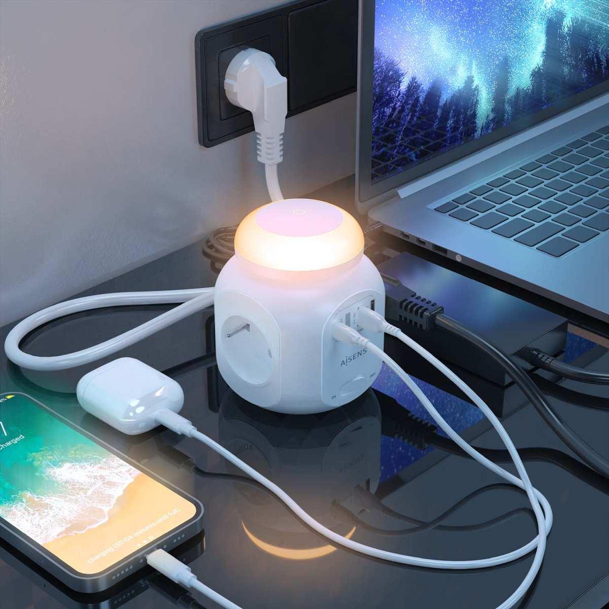 Multipresa da Tavolo Aisens con 4 Prese + 1xUSB-C 20W PD3.0 - 2xUSB-A 18W QC3.0 - Luce Notturna - 1,8m - Colore Bianco