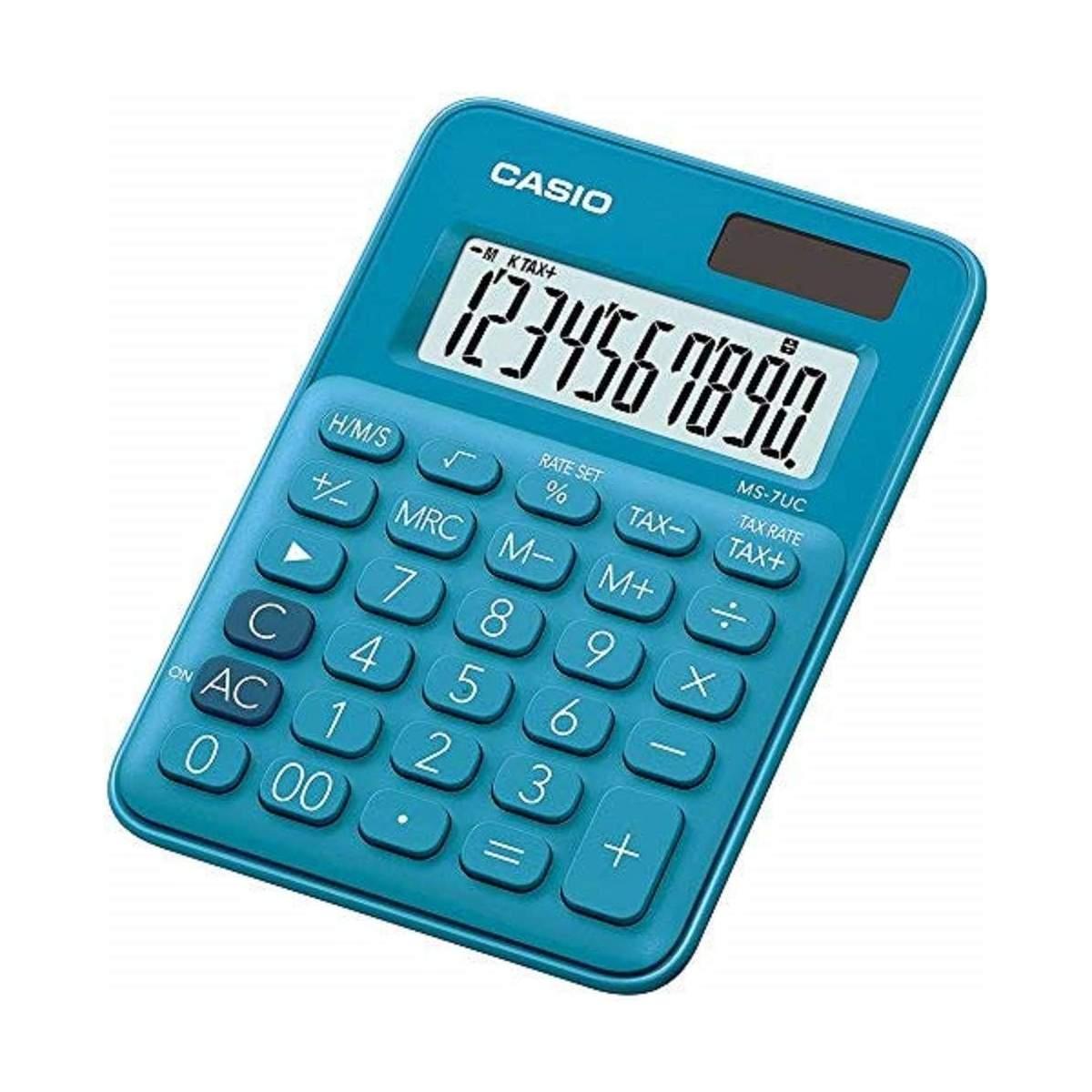 Calcolatrice Casio MS-7UC - Doppio zero - Schermo LCD a 10 cifre - Solare e batterie - Colore azzurro