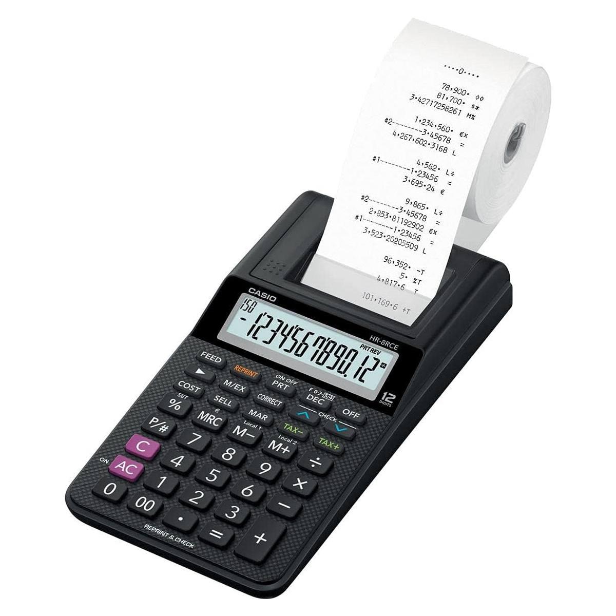 Calcolatrice desktop compatta Casio HR-8RCE - Schermo a 12 cifre - Stampa 2 righe al secondo - Colore nero