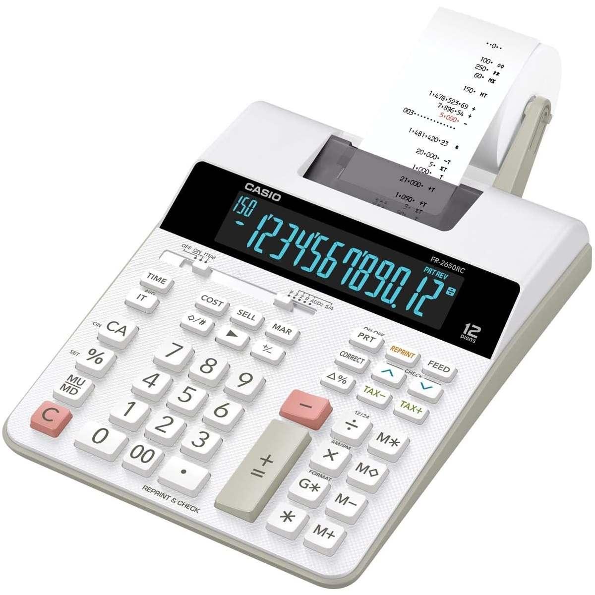 Calcolatrice desktop Casio FR-2650RC - Stampa a 2 colori - Schermo a 12 cifre - Funzione orologio e calendario - Colore bianco
