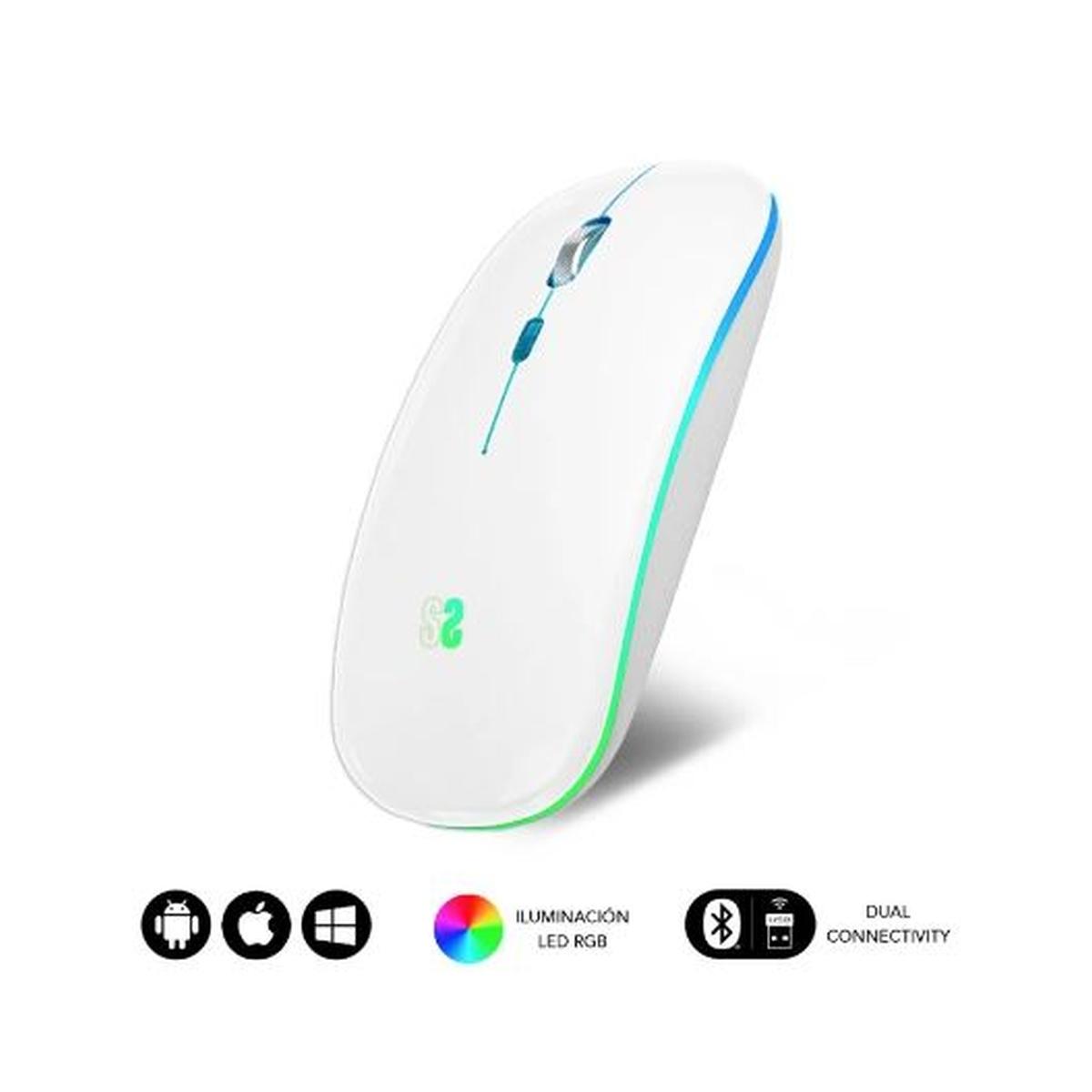 Mouse Subblim LED Dual Flat Mouse - Doppia connessione - Clic silenzioso - Illuminazione LED in 7 colori - Batteria a lunga durata - Colore bianco