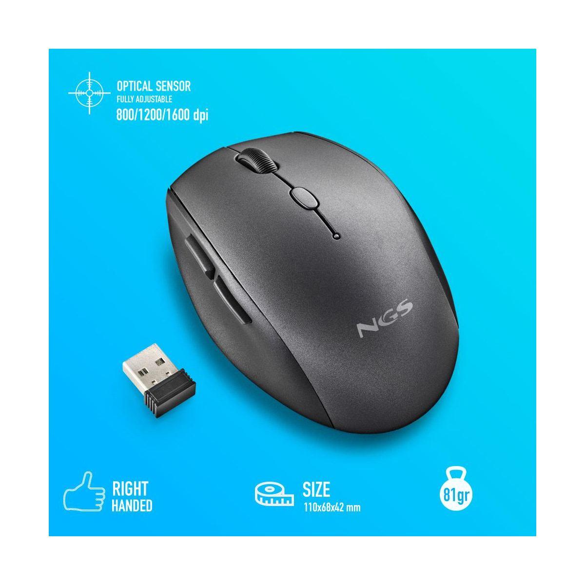 Mouse wireless ergonomico NGS per laptop e computer - 5 pulsanti e rotella di scorrimento - Tasti silenziosi - Colore nero