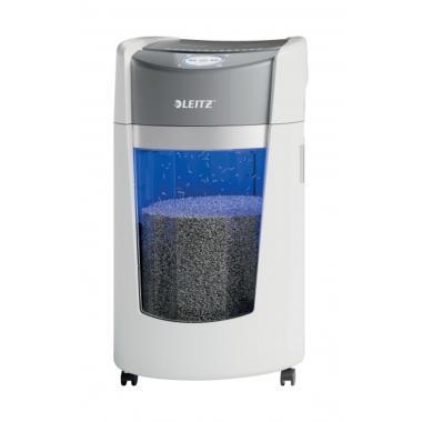 Distruggidocumenti manuale Leitz IQ OptiMax Office DIN P5 - Distrugge fino a 10 fogli - Autonomia continua di 120 minuti - Cestino da 35 litri con tecnologia Spin - Bianco/Grigio