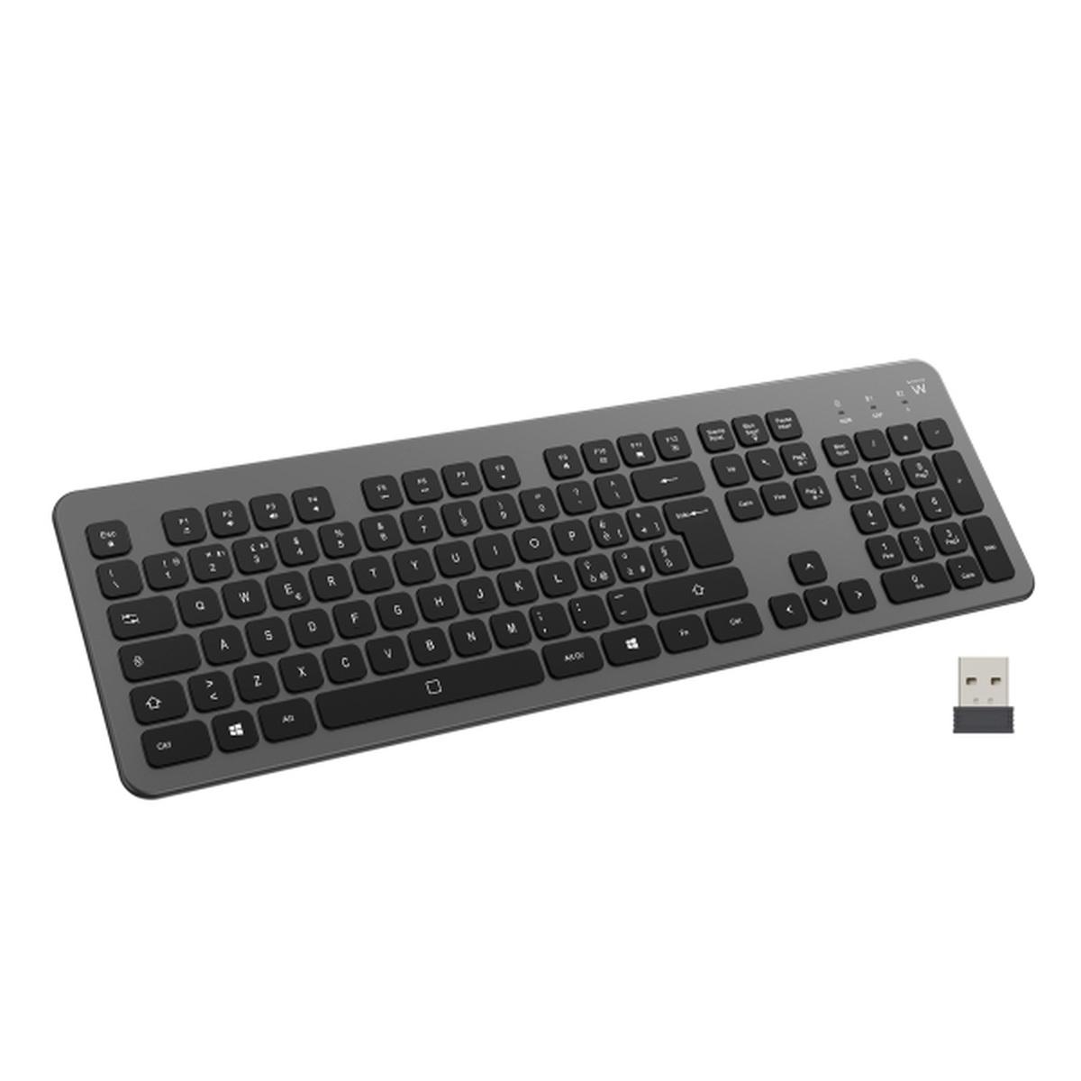Tastiera wireless Ewent - Batteria al litio ricaricabile da 300 mAh - Layout QWERTY IT italiano - Retroilluminata - Tasti silenziosi e a basso profilo - Nero/Grigio