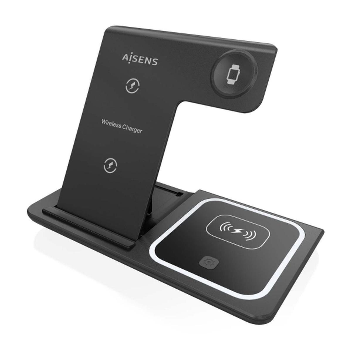 Caricabatterie wireless USB-C 3 in 1 Aisens da 15 W per dispositivi mobili - Apple Watch - Auricolari con custodia di ricarica - Nero