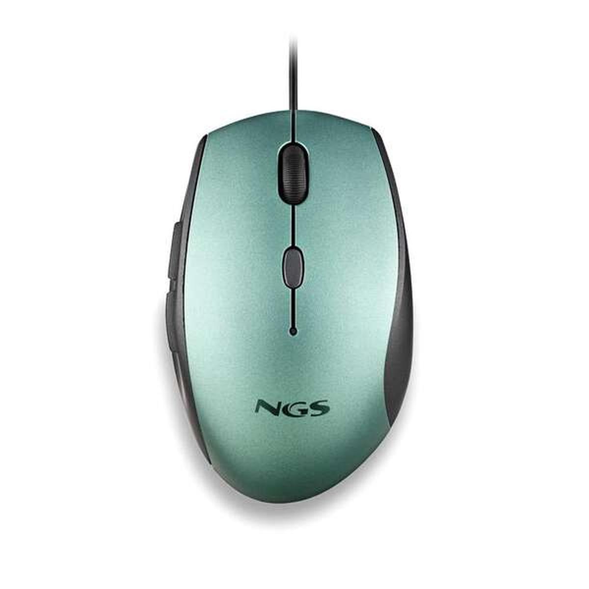 Mouse USB NGS Moth Ice 1600 dpi + adattatore da USB-A a USB-C - 5 pulsanti - Per destrorsi - Cavo da 1,80 m - Verde metallizzato/Nero