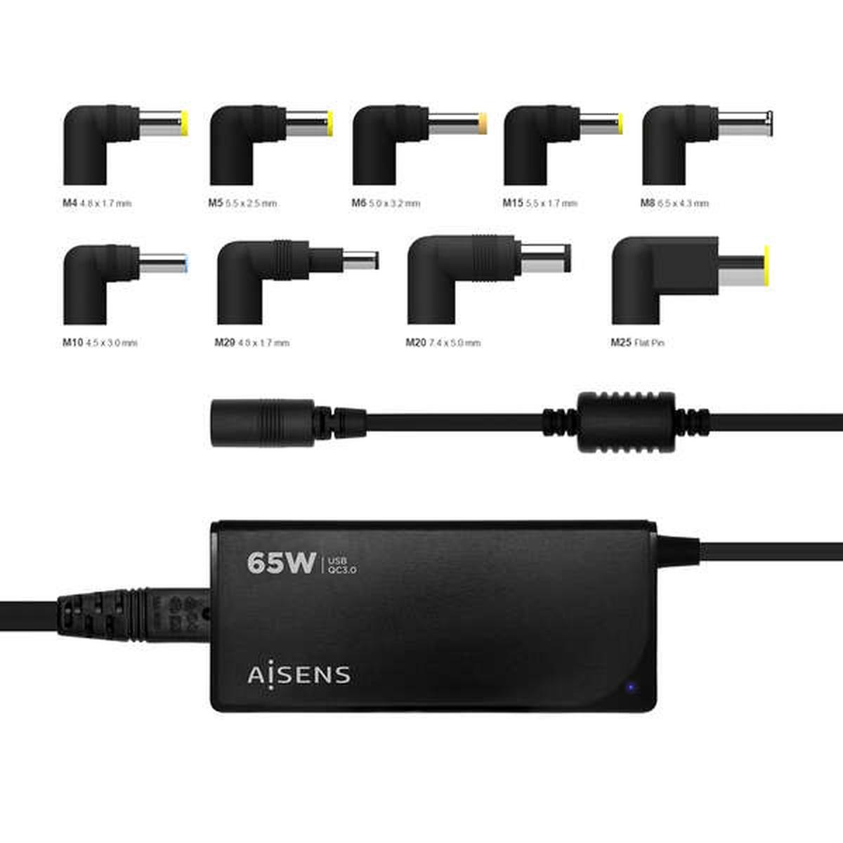 Caricabatterie universale automatico multitensione per laptop Aisens da 65 W con 9 connettori + USB-A QC 3.0 - Nero