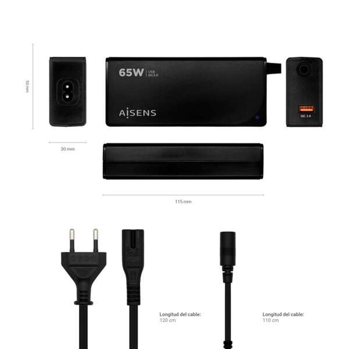 Caricabatterie universale automatico multitensione per laptop Aisens da 65 W con 9 connettori + USB-A QC 3.0 - Nero