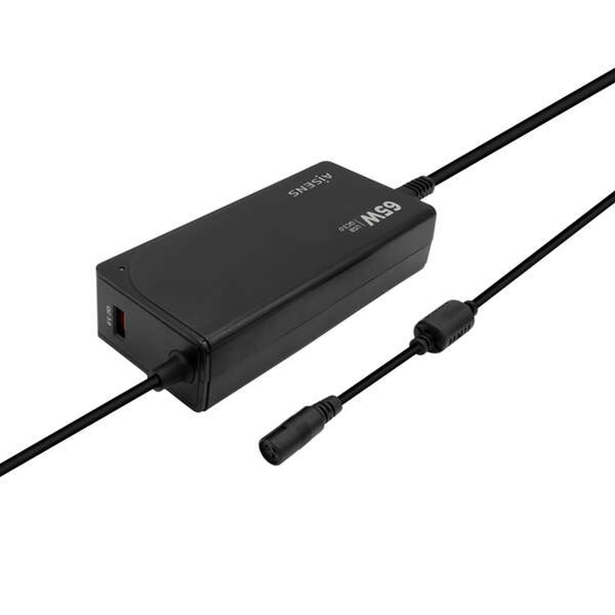 Caricabatterie universale automatico multitensione per laptop Aisens da 65 W con 9 connettori + USB-A QC 3.0 - Nero