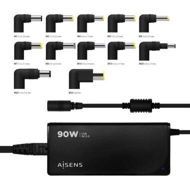 Caricabatterie universale automatico multitensione per laptop Aisens da 90W con 9 connettori + USB-A QC 3.0 - Nero