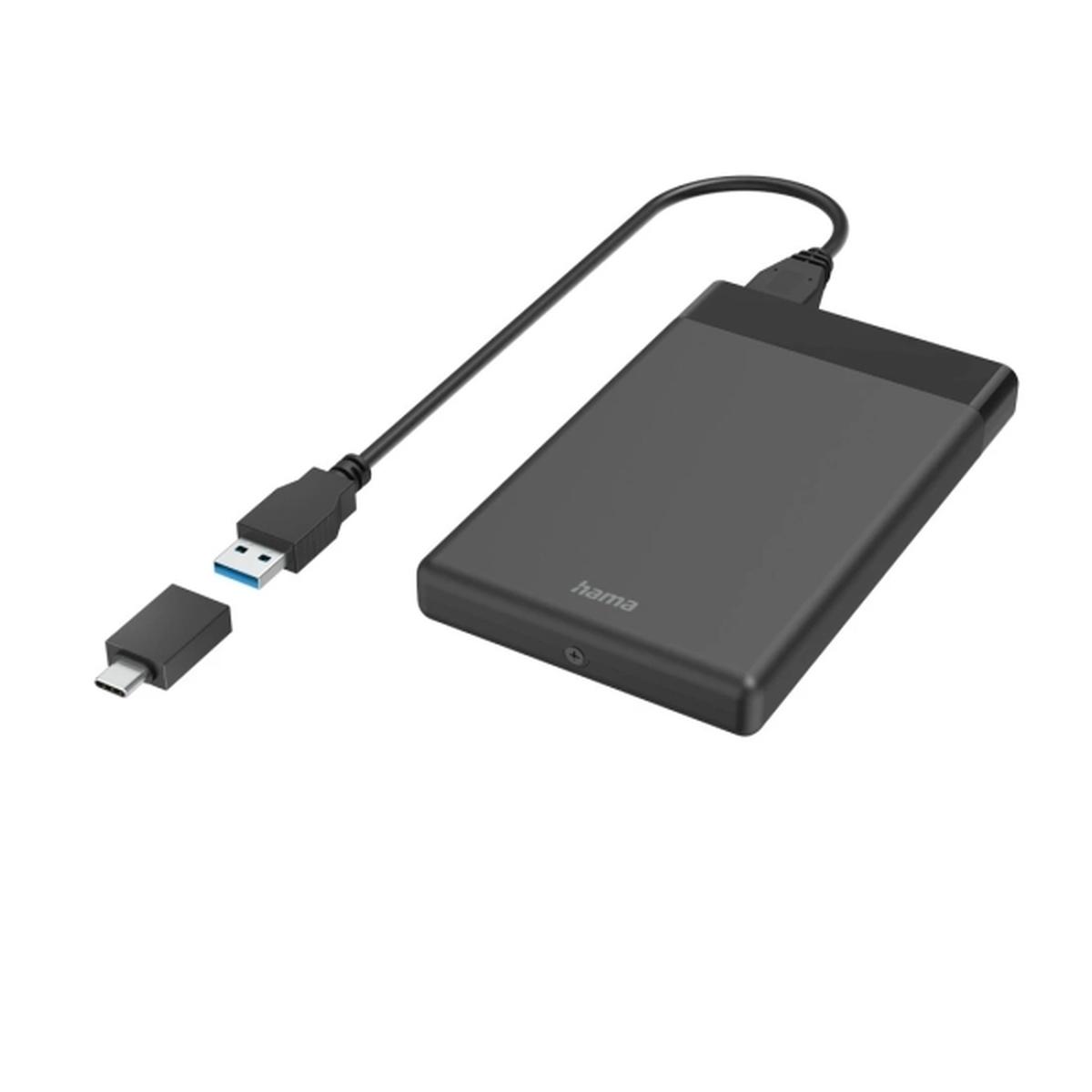 Box esterno Hama Essential per SSD e HDD da 2,5" - Cavo USB-A da 50 cm - Velocità fino a 5 Gbps - Adattatore USB-C - 13,3 x 8,7 x 1,6 cm - Nero