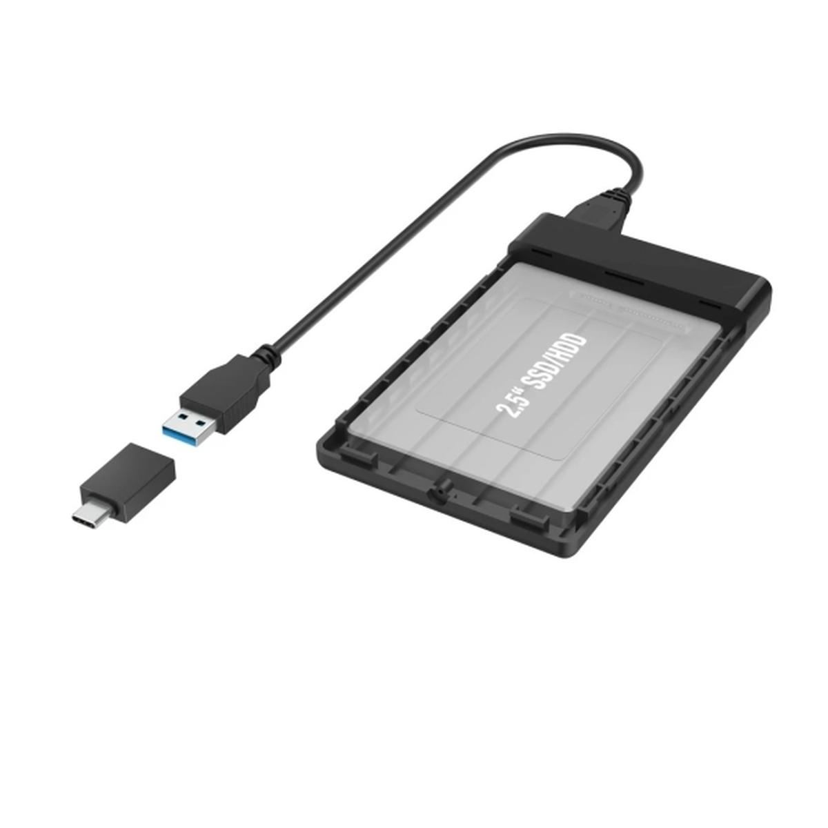 Box esterno Hama Essential per SSD e HDD da 2,5" - Cavo USB-A da 50 cm - Velocità fino a 5 Gbps - Adattatore USB-C - 13,3 x 8,7 x 1,6 cm - Nero
