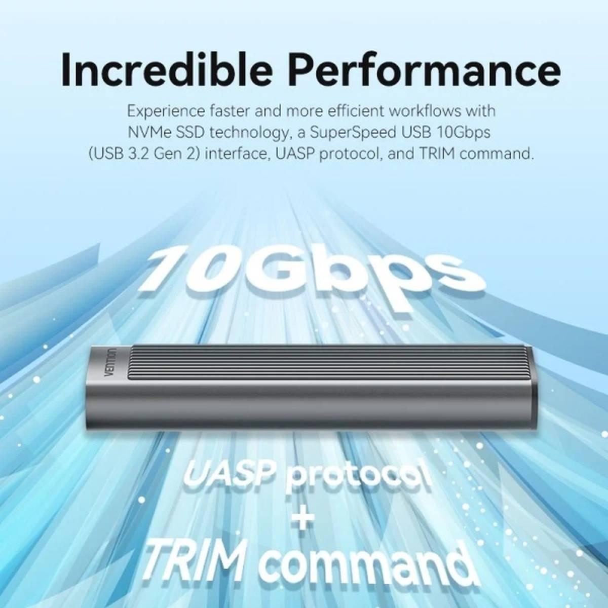 Box esterno Vention per SSD M.2 NVMe - Dissipatore di calore - USB 3.1 - Velocità fino a 10 Gbps - Alluminio - Modalità di sospensione automatica - Grigio
