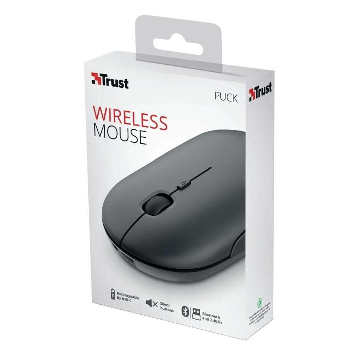 Mouse wireless ricaricabile Trust Puck 1600 dpi - 3 pulsanti silenziosi - Ultra sottile - Utilizzo ambidestro - Nero
