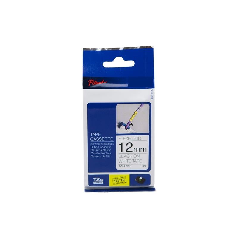 Nastro FLESSIBILE Laminato Nero su Bianco (12mm X 8m) per BROTHER TZ-FX231, TZe-FX231