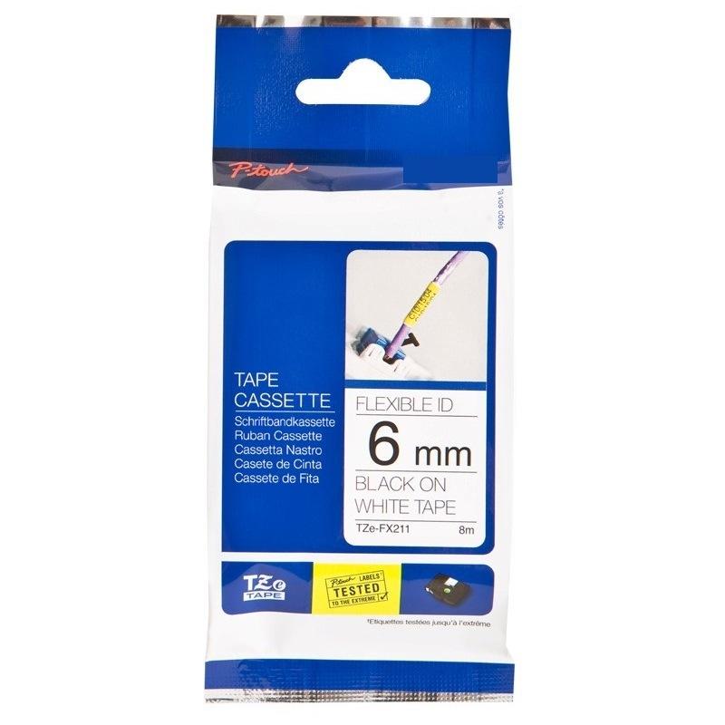 Nastro FLESSIBILE Laminato Nero su Bianco (6mm X 8m) per BROTHER TZ-FX211, TZe-FX211