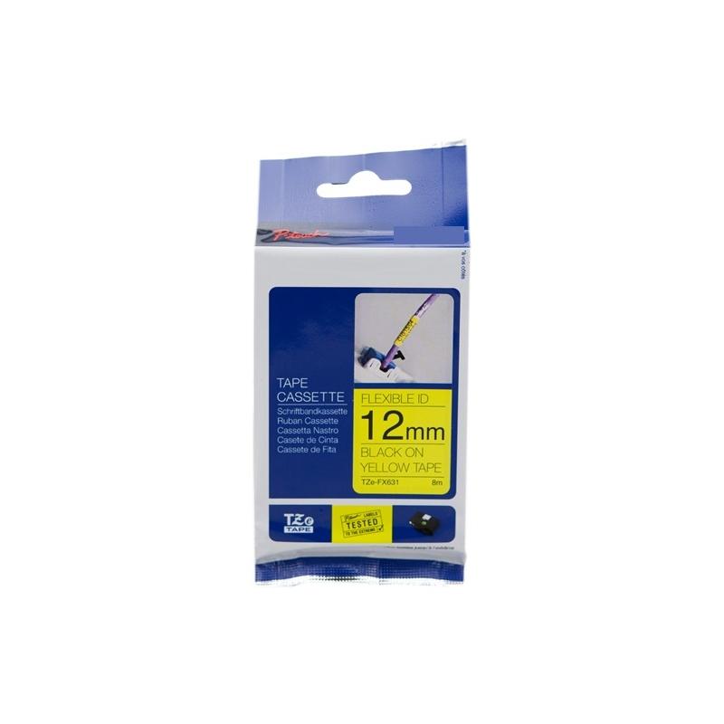 Nastro FLESSIBILE Laminato Nero su Giallo (12mm X 8m) per BROTHER TZ-FX631, TZe-FX631