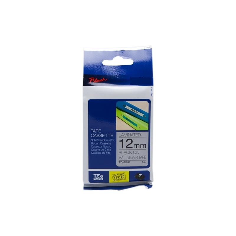 Nastro Laminato METALLICO Nero su Argento opaco (12mm X 8m) per BROTHER TZe-M931, TZ-M931