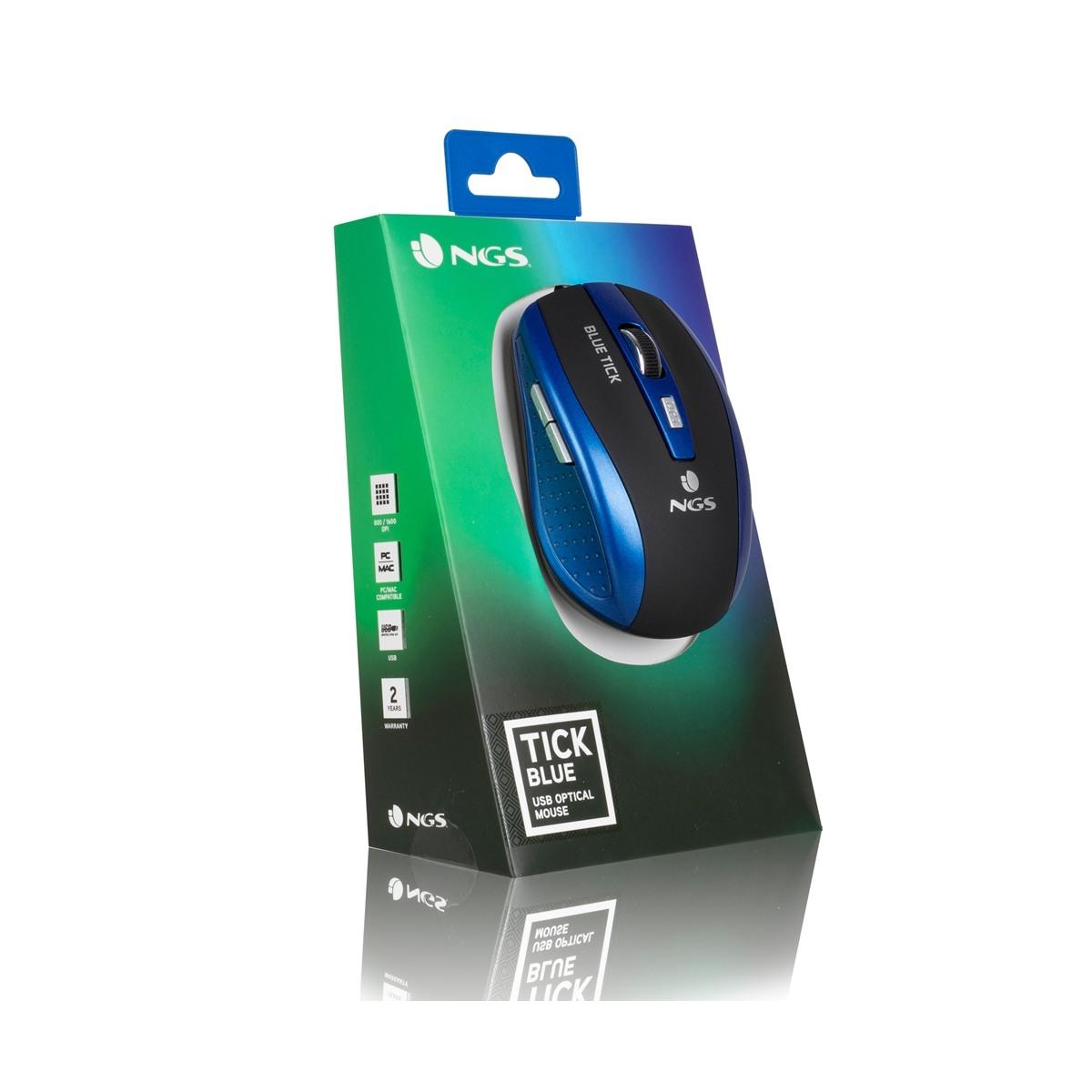 NGS Tick Mouse USB 1600 dpi - 5 pulsanti - Uso destro - Colore blu/nero