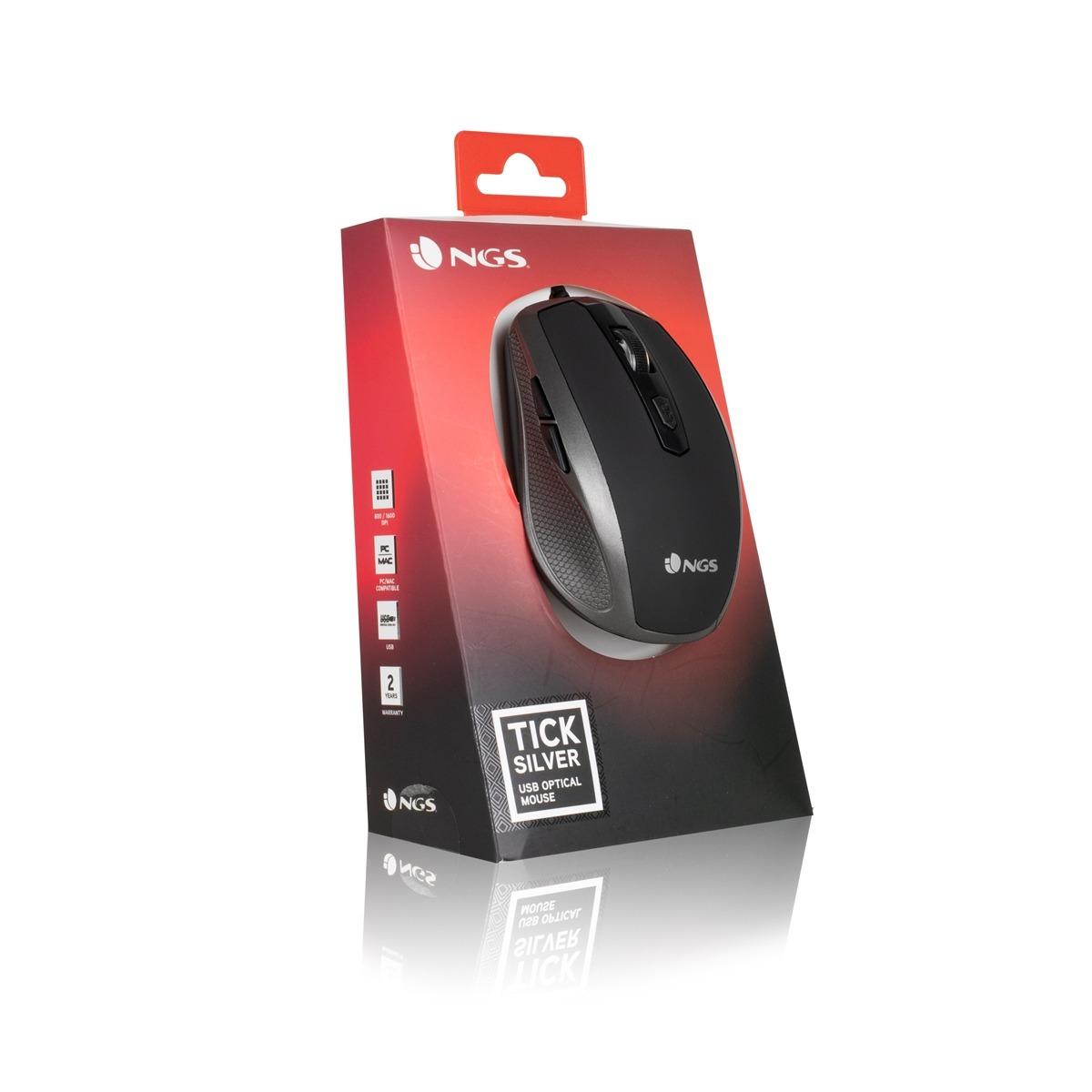 NGS Tick Mouse USB 1600 dpi - 5 pulsanti - Uso con la mano destra - Colore argento/nero
