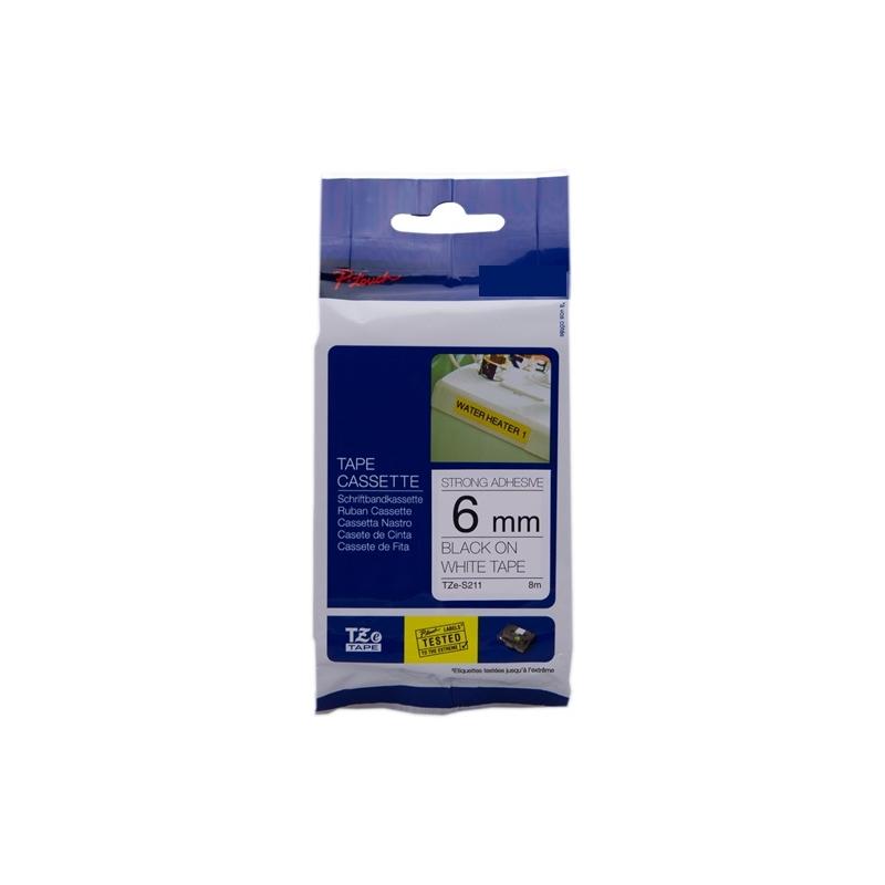 Nastro RINFORZATO Laminato Nero su Bianco (6mm X 8m) per BROTHER TZ-S211, TZe-S211