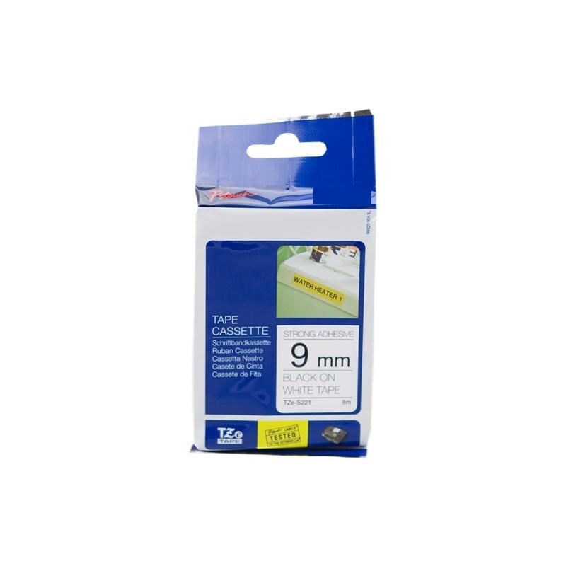 Nastro RINFORZATO Laminato Nero su Bianco (9mm X 8m) per BROTHER TZ-S221, TZe-S221