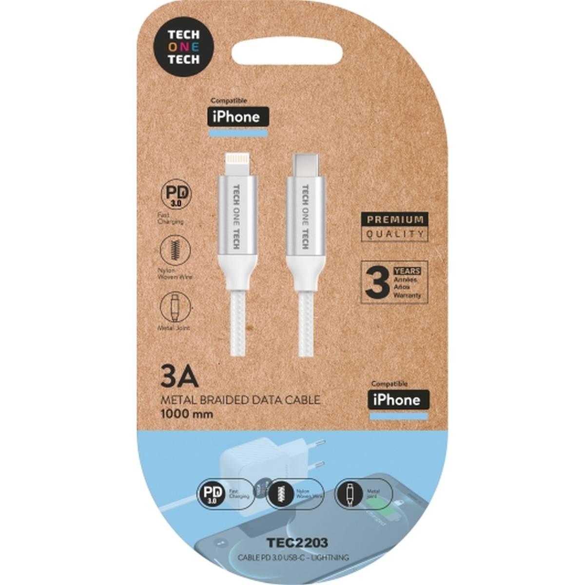 TechOneTech Cavo USB-C PD 3.0 maschio a Lightning maschio 1 m - Rivestito con nylon intrecciato