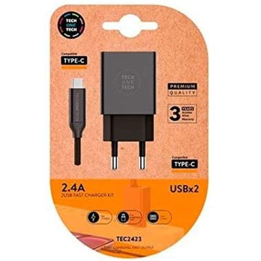 TechOneTech Caricabatterie a doppia parete + 1 m di cavo da USB-A a USB-C - Rivestito con nylon intrecciato