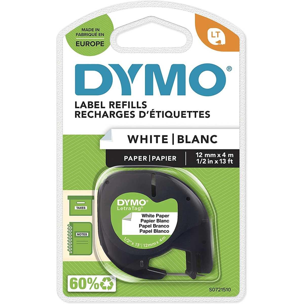 Nastro Originale CARTA Nero su Bianco (S0721510, 91200) (12 mm X 4 m) DYMO LetraTAG