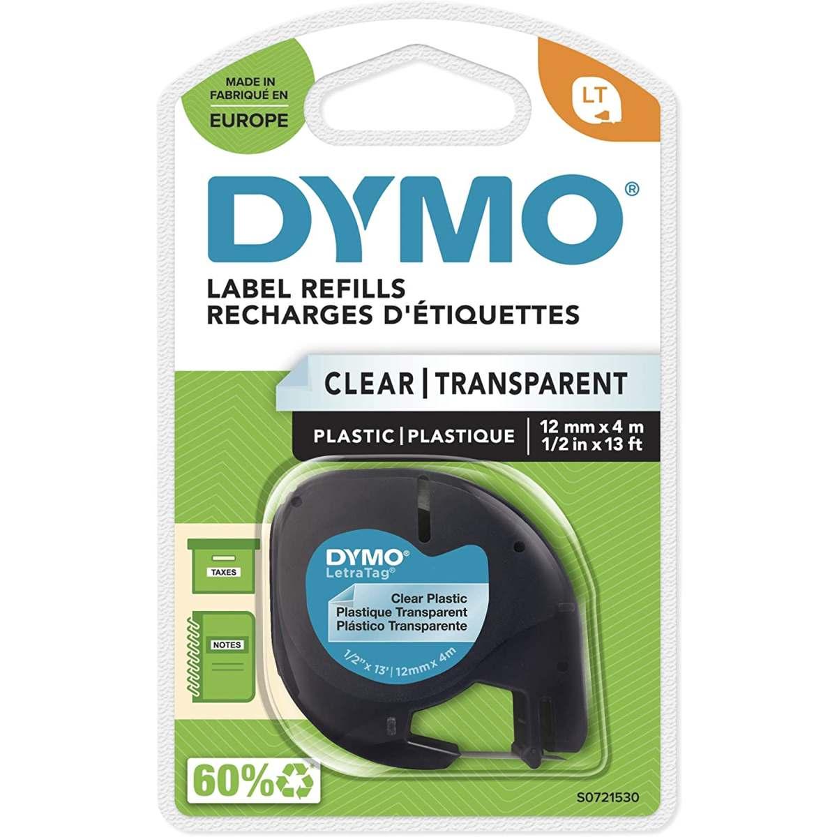 Nastro Originale PLASTICA Nero su Trasparente (S0721530, 12267) (12 mm X 4 m) DYMO LetraTAG