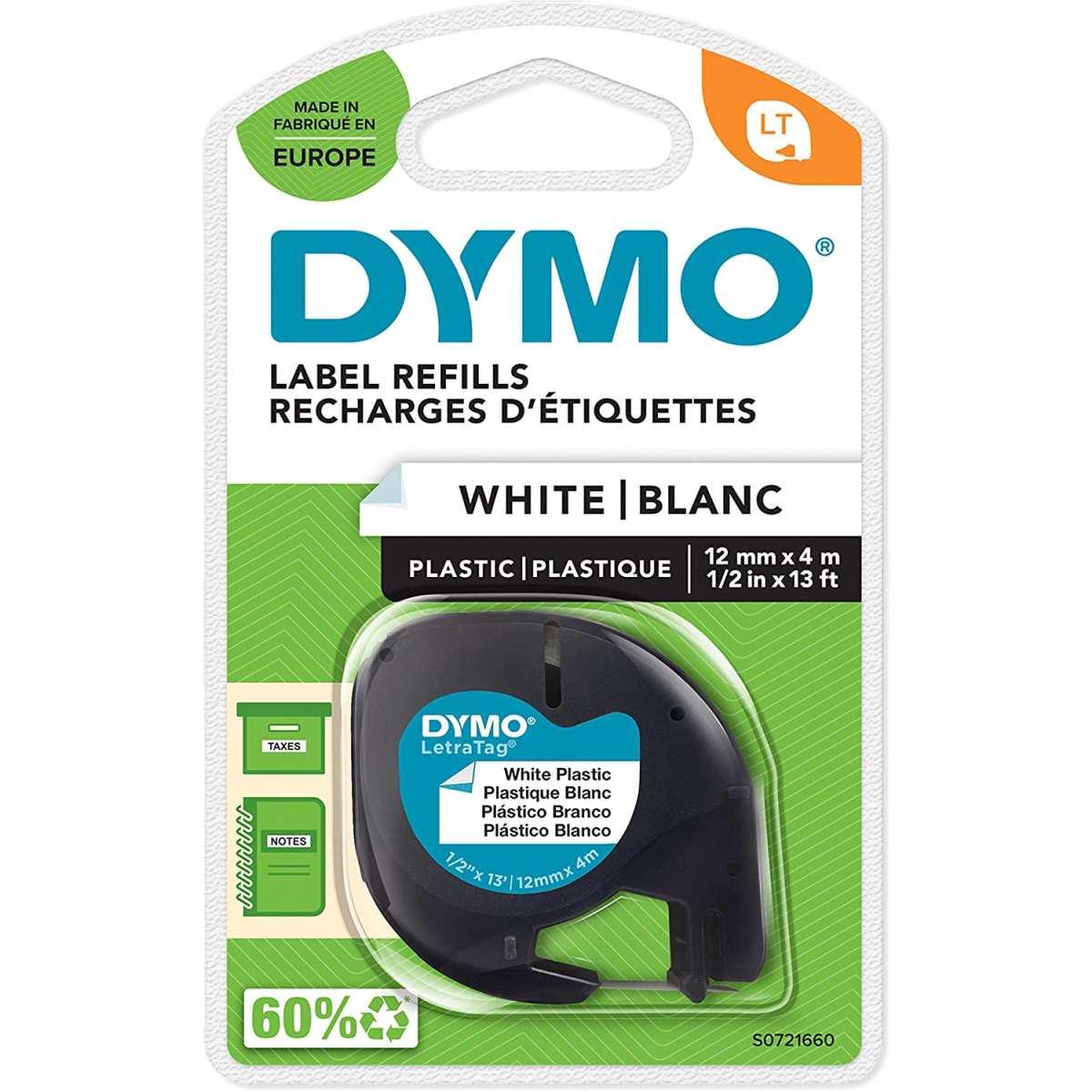 Nastro Originale PLASTICA Nero su Bianco (S0721660, 91221) (12 mm X 4 m) DYMO LetraTAG